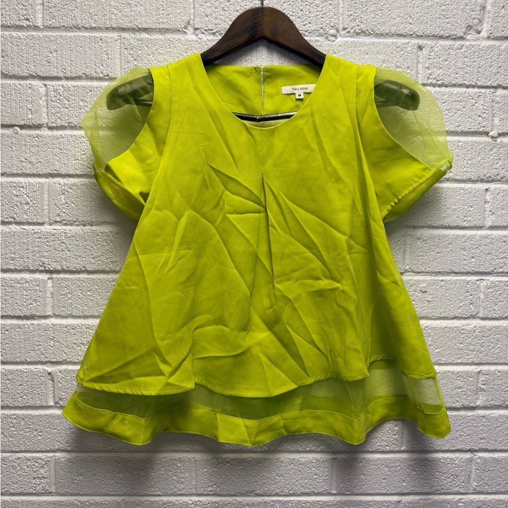 Lime Green Blouse with Sheer Sleeves